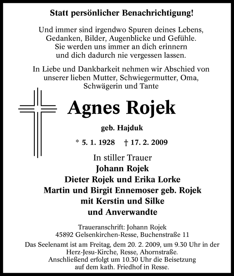  Traueranzeige für Agnes Rojek vom 18.02.2009 aus Tageszeitung