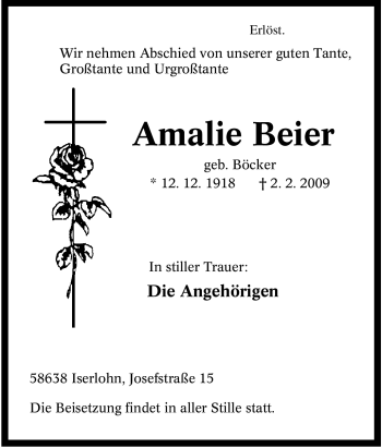Traueranzeige von Amalie Beier von Tageszeitung