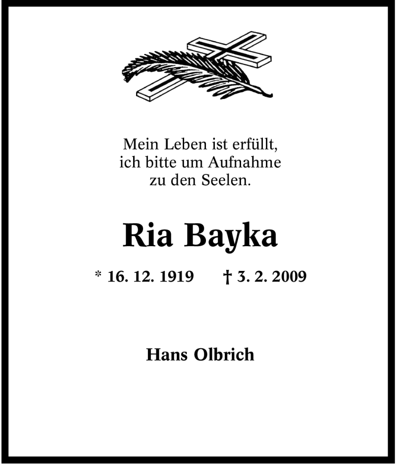  Traueranzeige für Ria Bayka vom 07.02.2009 aus Tageszeitung
