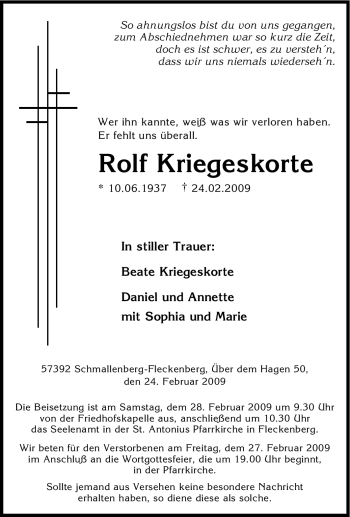Traueranzeige von Rolf Kriegeskorte von Tageszeitung