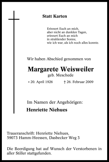 Traueranzeige von Margarete Weisweiler von Tageszeitung