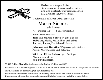 Traueranzeige von Maria Siebers von Tageszeitung