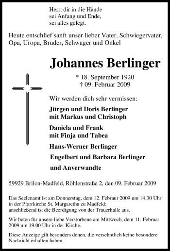 Traueranzeige von Johannes Berlinger von Tageszeitung
