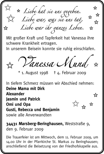 Traueranzeige von Vanessa Mund von Tageszeitung
