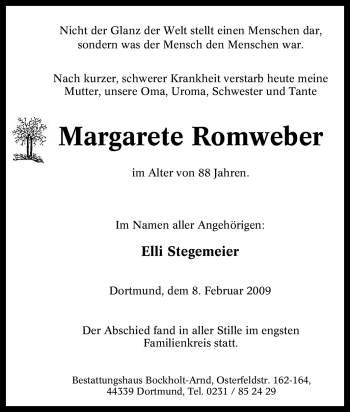 Traueranzeige von Margarete Romweber von Tageszeitung