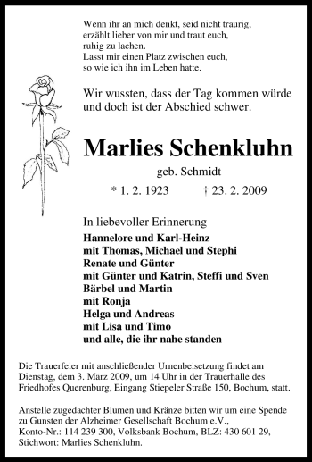 Traueranzeige von Marlies Schenkluhn von Tageszeitung
