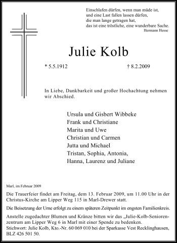 Traueranzeige von Julie Kolb von Tageszeitung