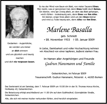 Traueranzeige von Marlene Basalla von Tageszeitung