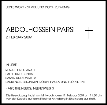 Traueranzeige von Abdolhossein Parsi von Tageszeitung