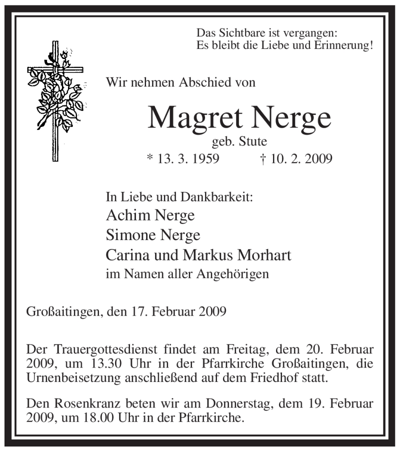 Traueranzeige für Magret Nerge vom 16.02.2009 aus Tageszeitung