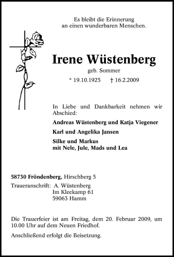 Traueranzeige von Irene Wüstenberg von Tageszeitung