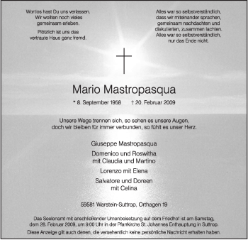 Traueranzeige von Mario Mastropasqua von Tageszeitung