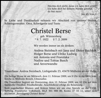 Traueranzeige von Christel Berse von Tageszeitung