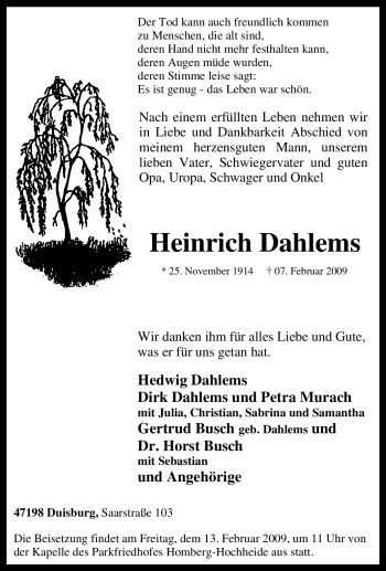 Traueranzeige von Heinrich Dahlems von Tageszeitung