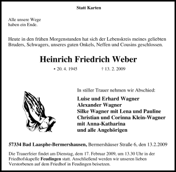 Traueranzeige von Heinrich Friedrich Weber von Tageszeitung