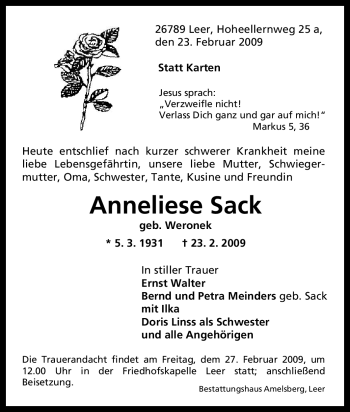 Traueranzeige von Anneliese Sack von Tageszeitung