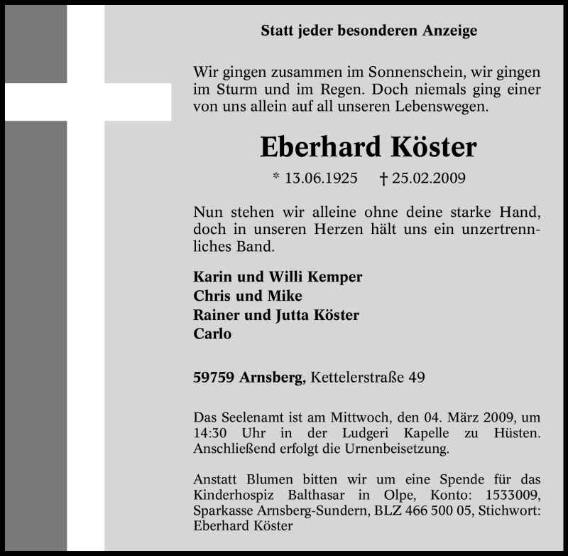  Traueranzeige für Eberhard Köster vom 28.02.2009 aus Tageszeitung