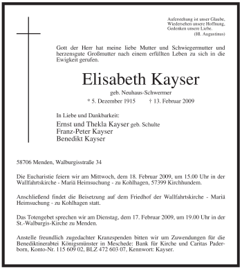 Traueranzeige von Elisabeth Kayser von Tageszeitung