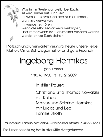 Traueranzeige von Ingeborg Hermkes von Tageszeitung