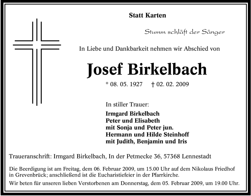  Traueranzeige für Josef Birkelbach vom 03.02.2009 aus Tageszeitung