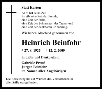 Traueranzeige von Heinrich Beinfohr von Tageszeitung
