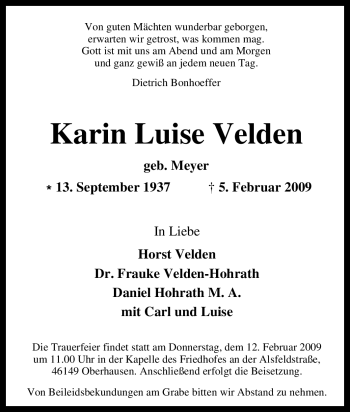 Traueranzeige von Karin Luise Velden von Tageszeitung