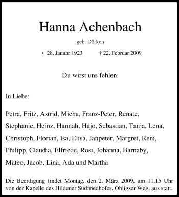 Traueranzeige von Hanna Achenbach von Tageszeitung