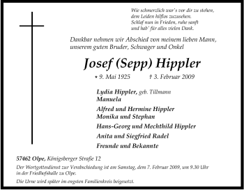 Traueranzeige von Josef (Sepp) Hippler von Tageszeitung