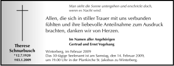 Traueranzeige von Therese Schnurbusch von Tageszeitung