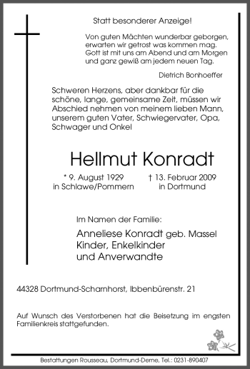Traueranzeige von Hellmut Konradt von Tageszeitung