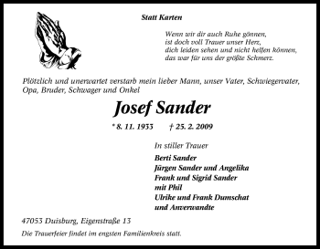 Traueranzeige von Josef Sander von Tageszeitung