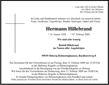 Traueranzeige von Hermann Hillebrand von Tageszeitung