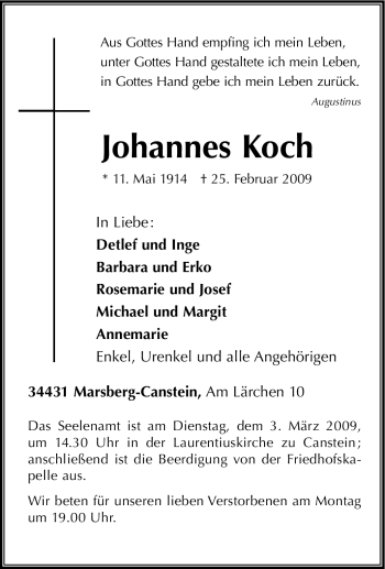 Traueranzeige von Johannes Koch von Tageszeitung