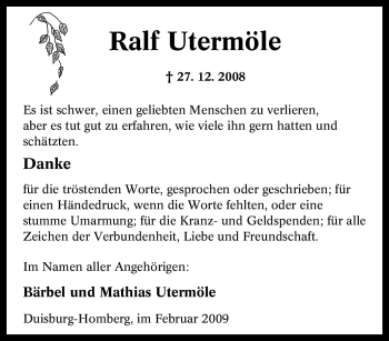 Traueranzeige von Ralf Utermöle von Tageszeitung