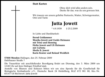 Traueranzeige von Jutta Jowett von Tageszeitung