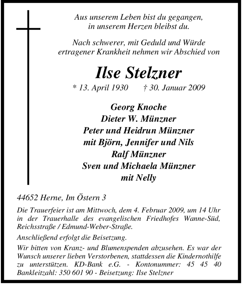  Traueranzeige für Ilse Stelzner vom 02.02.2009 aus Tageszeitung