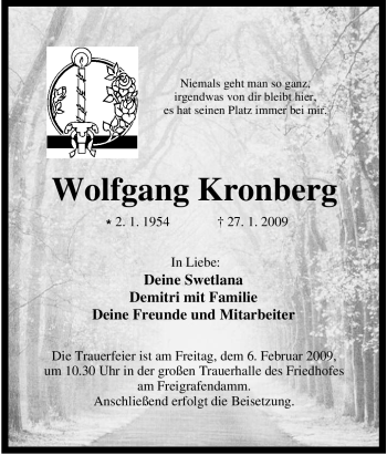 Traueranzeige von Wolfgang Kronberg von Tageszeitung