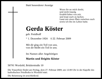Traueranzeige von Gerda Köster von Tageszeitung
