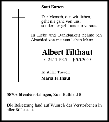 Traueranzeige von Albert Filthaut von Tageszeitung