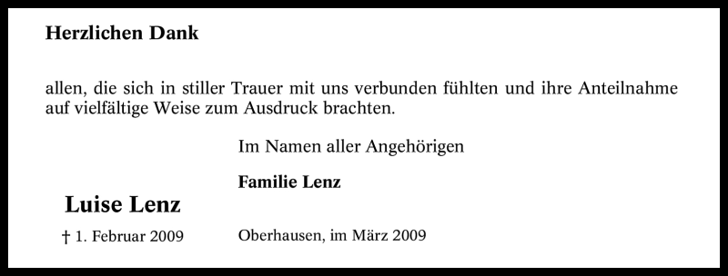  Traueranzeige für Luise Lenz vom 20.03.2009 aus Tageszeitung