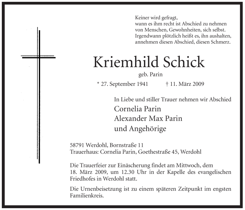  Traueranzeige für Kriemhild Schick vom 13.03.2009 aus Tageszeitung