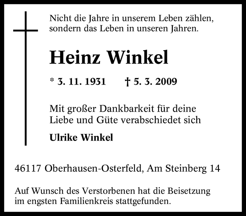  Traueranzeige für Heinz Winkel vom 14.03.2009 aus Tageszeitung