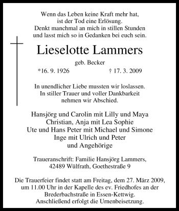 Traueranzeige von Lieselotte Lammers von Tageszeitung