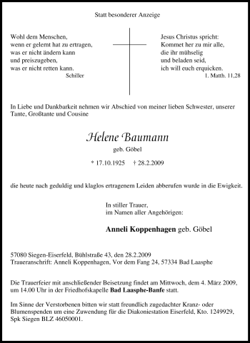 Traueranzeige von Helene Baumann von Tageszeitung
