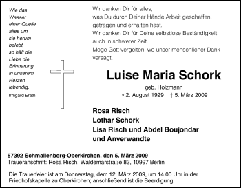 Traueranzeige von Luise Maria Schork von Tageszeitung