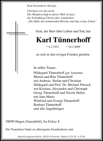 Traueranzeige von Karl Tünnerhoff von Tageszeitung
