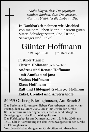 Traueranzeige von Günter Hoffmann von Tageszeitung