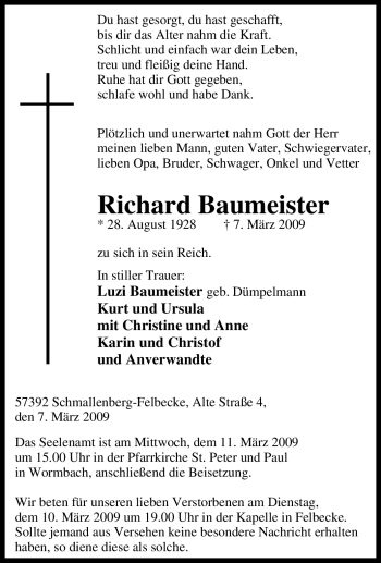Traueranzeige von Richard Baumeister von Tageszeitung
