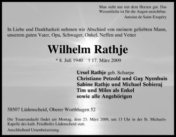 Traueranzeige von Wilhelm Rathje von Tageszeitung