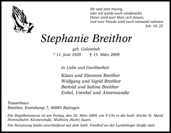 Traueranzeige von Stephanie Breithor von Tageszeitung